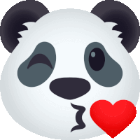 a panda bear is blowing a kiss with a red heart on its nose