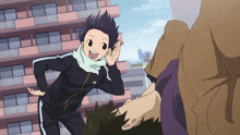 a boy in a black jacket with a white scarf around his neck is smiling and whispering into someone 's ear