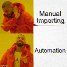 a man in a red jacket is giving a thumbs up next to a screen that says manual importing automation