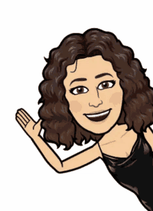 a cartoon of a woman with curly hair is smiling and waving her hand