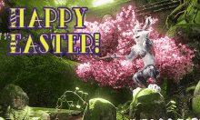 a happy easter greeting card with a rabbit holding a stick