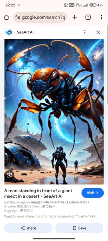 a man standing in front of a giant insect in a desert on google.com