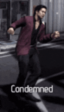 a man in a red suit is dancing in front of a car with the word condemned on the bottom of the image .