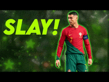 a soccer player stands in front of a green background with the words slay