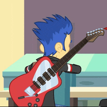 a cartoon character with blue hair is holding a red electric guitar