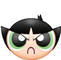 a cartoon character with black hair and green eyes is making an angry face