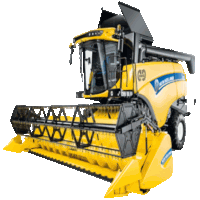 a yellow new holland combine harvester with the hood open