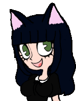 a cartoon girl with black hair and cat ears is smiling