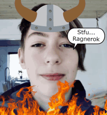 a young boy wearing a viking helmet with horns and a speech bubble that says stfu ragnarok