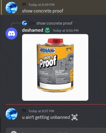 a can of tenax concrete proof is shown on a discord screen