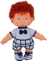 a crocheted doll with red hair is wearing a blue shirt and blue shorts