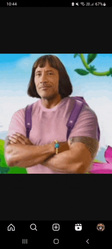 a man with a pink shirt and a purple backpack looks like dora the explorer .