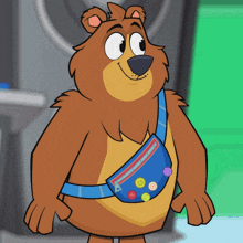 a cartoon bear is wearing a blue fanny pack