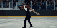 a man is holding a woman in his arms on a ice rink with a netflix logo in the background