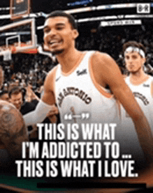 a man in a basketball uniform is holding a basketball and says this is what i 'm addicted to