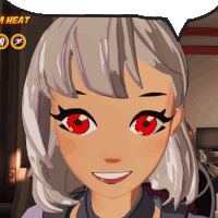 a cartoon character with red eyes and a speech bubble that says " heat "