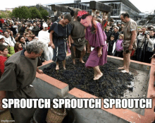 a woman in a purple dress is standing in a pile of grapes with the caption sproutch sproutch sproutch