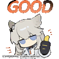 a cartoon girl with a cat ear is giving a thumbs up and saying `` good '' .