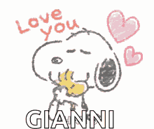 a drawing of snoopy with hearts and the words love you gianni