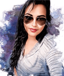 a painting of a woman wearing sunglasses and a striped shirt .