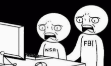 two cartoon characters are looking at a computer screen . one of the characters is wearing a fbi shirt .