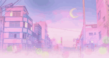 a pink cityscape with a crescent moon and a sign that says no entry