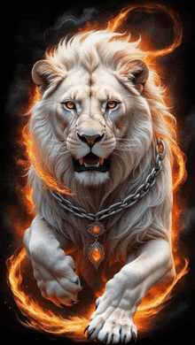 a white lion with a chain around its neck surrounded by fire