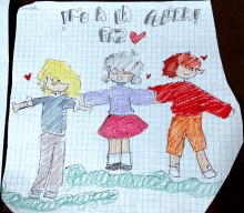 a child 's drawing of a girl and two boys with the words " ito a la gara " written on the top