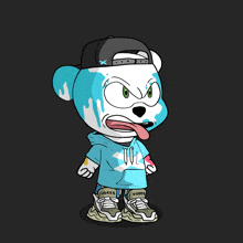 a cartoon of a bear wearing a blue hoodie with the number 00 on it