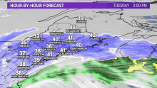 a map showing the hour by hour forecast for tuesday 3:00 pm