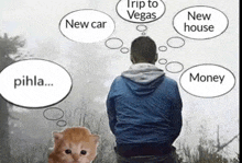 a man and a kitten are sitting in a field with speech bubbles surrounding them .