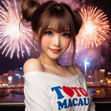 a woman wearing a white shirt that says toto macau