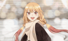 a girl with blonde hair and red eyes is wearing a scarf and has a drawing of her written on the bottom right