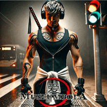 a man wearing headphones and holding a sword stands in front of a traffic light with the word museumbola on the bottom