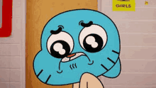 gumball from the amazing world of gumball is making a sad face in front of a yellow sign that says girls .