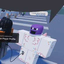 a white block with a purple head has a speech bubble that says " i lost the head machine "