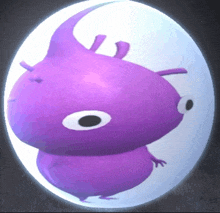 a purple cartoon character with big eyes is in a white sphere