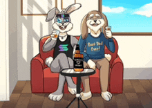 two rabbits are sitting on a couch drinking beer