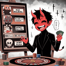 a cartoon of a devil holding a bunch of money in front of a board that says nuk moubobl