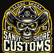 a logo for sandy shore customs with a cowboy skull