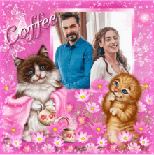 a picture of a man and woman surrounded by cats and flowers with the word coffee above them