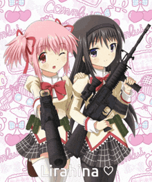 a poster of two anime girls holding guns with the name lirafina on the bottom right