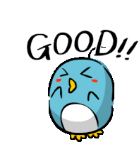 a blue penguin with a sad face and the word good written above it