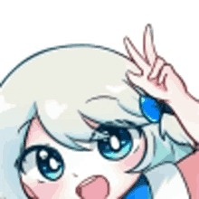 a cartoon girl is giving a peace sign with her hand on her head .