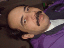 a man with a mustache is wearing a purple vest