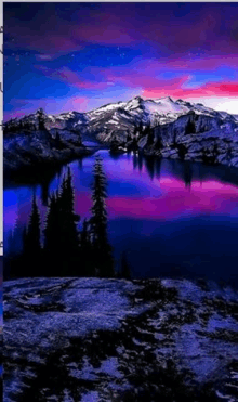 a painting of a lake with mountains in the background at night .