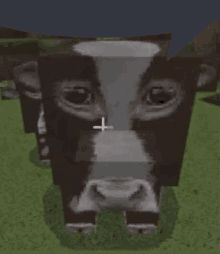 a brown and white cow is standing in the grass with a white cross on its nose .