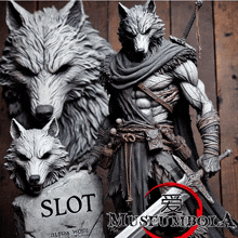 a statue of a wolf holding a sword next to a sign that says " slot "