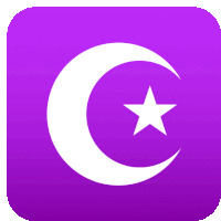 a purple square with a white crescent moon and star