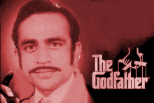 a man with a mustache is holding a gun in front of a poster for the godfather